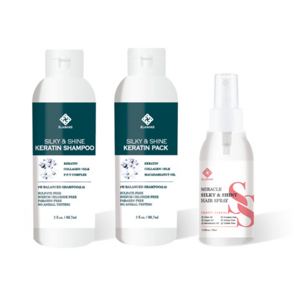 Elabore Silky & Shine Keratin Travel Kit - Shampoo 3oz, Pack 3oz, Spray 2oz